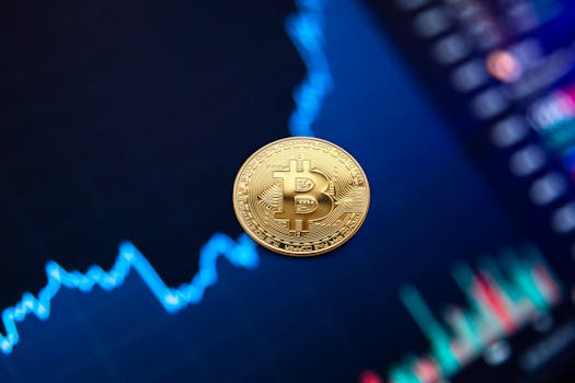 A gold Bitcoin coin against a backdrop of a digital financial chart, symbolizing cryptocurrency trading.