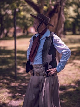 A traditional gaucho in Chascomús, Argentina, wearing typical attire in a rural setting.