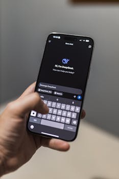 Close-up of a smartphone with an AI chat interface titled "DeepSeek" on the screen.