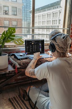 Music producer with headphones creating tracks on a laptop in a bright, indoor setting.