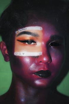 Vibrant artistic portrait exploring social media influence with unique makeup.