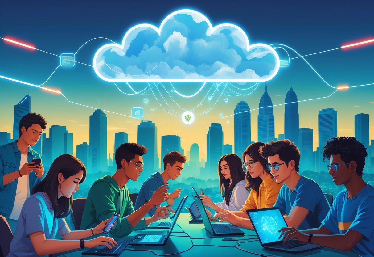 Pessoas jogando videogame em dispositivos conectados a uma nuvem digital, com uma cidade brasileira ao fundo.