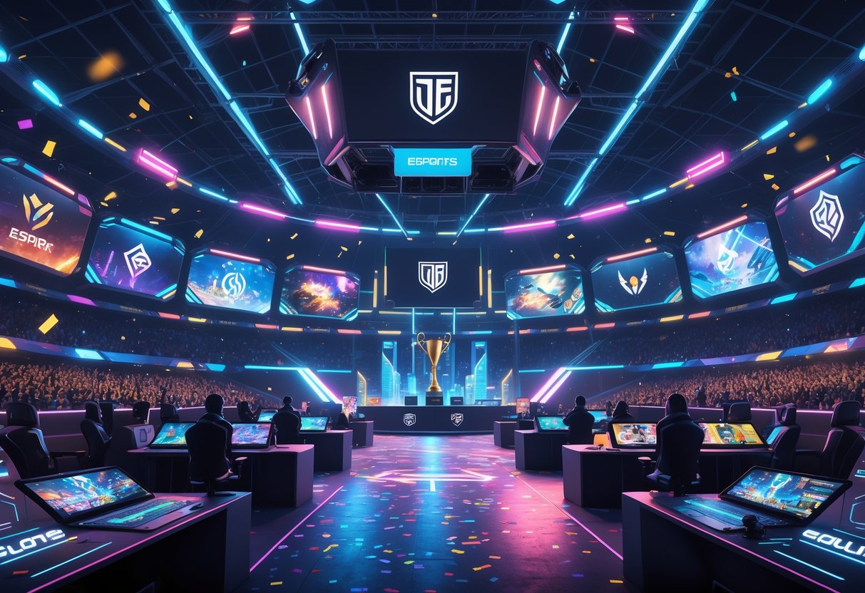 Cena de um grande torneio global de eSports em 2025 com jogadores competindo em um estádio cheio de público e telas mostrando partidas intensas.