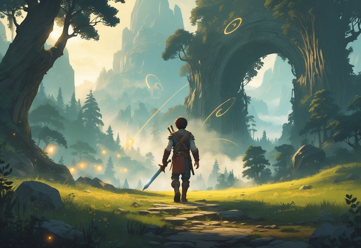 Um aventureiro jovem começa sua jornada em uma paisagem de fantasia com árvores altas, montanhas ao fundo e um portal brilhante que simboliza o início da aventura.