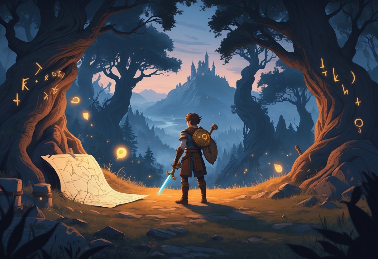 Um aventureiro iniciante em armadura simples está na entrada de uma floresta antiga e mística, com árvores altas e runas brilhantes, pronto para começar sua jornada em um mundo de fantasia.
