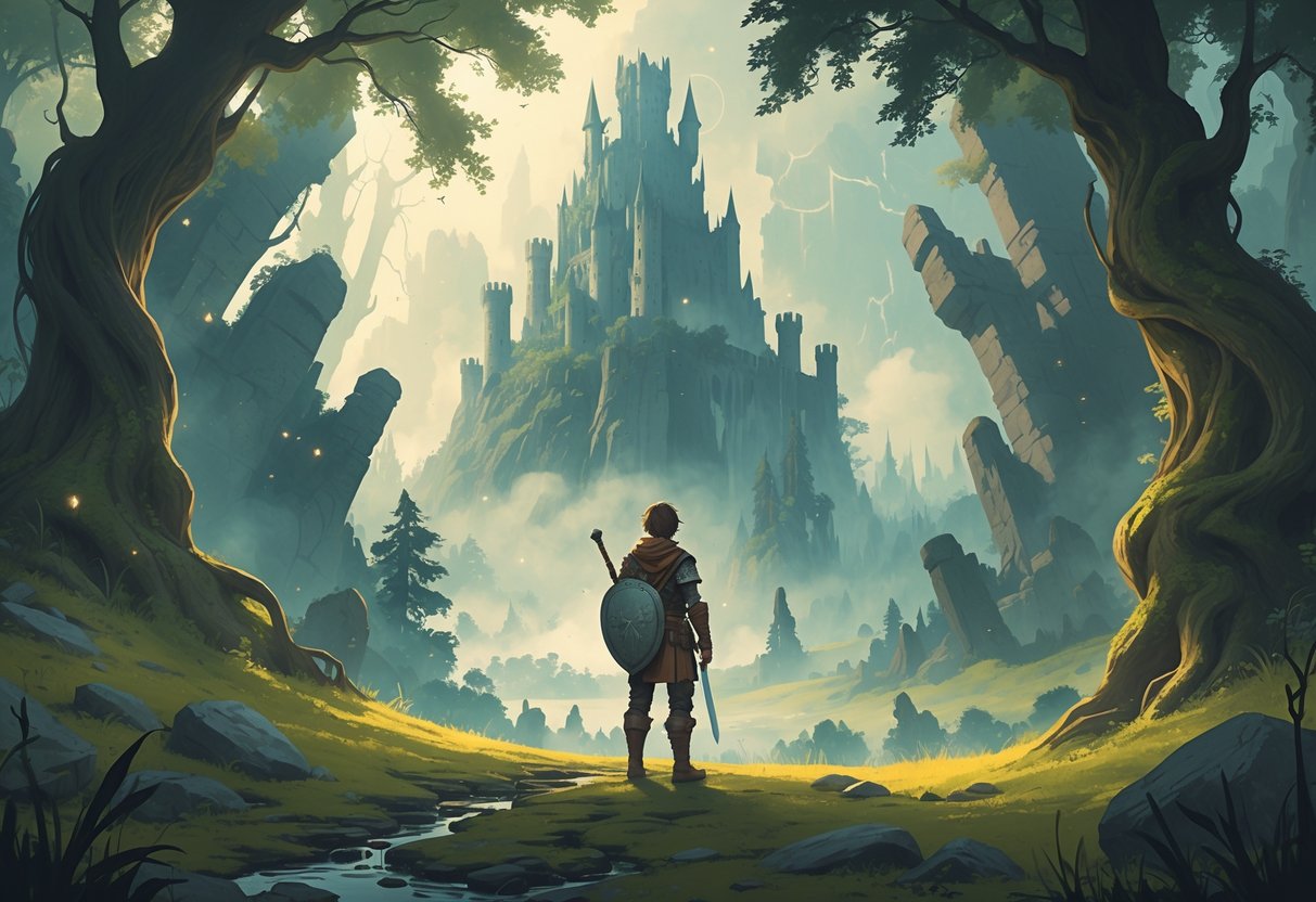 Um aventureiro jovem equipado com armadura leve observa um castelo distante cercado por ruínas antigas e uma floresta densa, pronto para iniciar uma jornada.