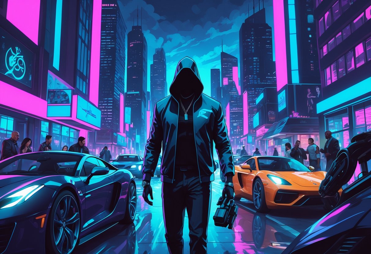 Cena urbana vibrante ao anoitecer com prédios altos, ruas movimentadas, veículos modernos e uma figura misteriosa no centro, representando a expectativa em torno de GTA 6.