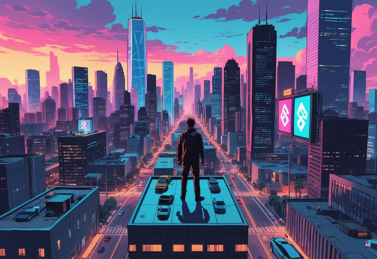 Cena urbana ao entardecer com prédios altos, luzes neon e um personagem observando a cidade do topo de um prédio, transmitindo ação e mistério.