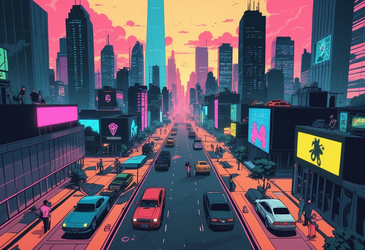 Cena urbana detalhada de uma cidade moderna com arranha-céus, luzes neon e pessoas nas ruas, mostrando elementos misteriosos e pistas escondidas que sugerem teorias e especulações sobre GTA 6.