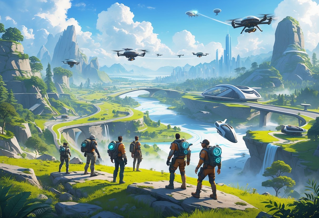 Cena de um ambiente aberto com pessoas explorando uma paisagem que mistura cidade futurista e natureza, com montanhas, florestas e rios ao fundo.
