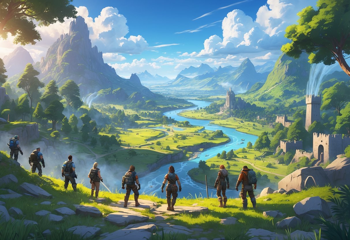 Cena de um grupo de aventureiros explorando uma paisagem diversa com florestas, montanhas, rios e construções ao fundo.