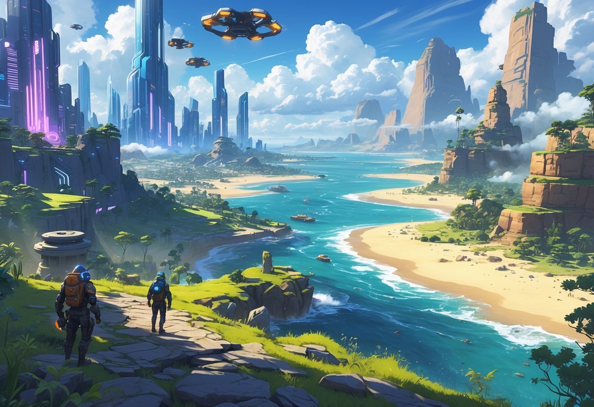 Cena mostrando um vasto mundo aberto com cidade futurista, florestas, desertos e costa, com personagens explorando o ambiente diversificado.