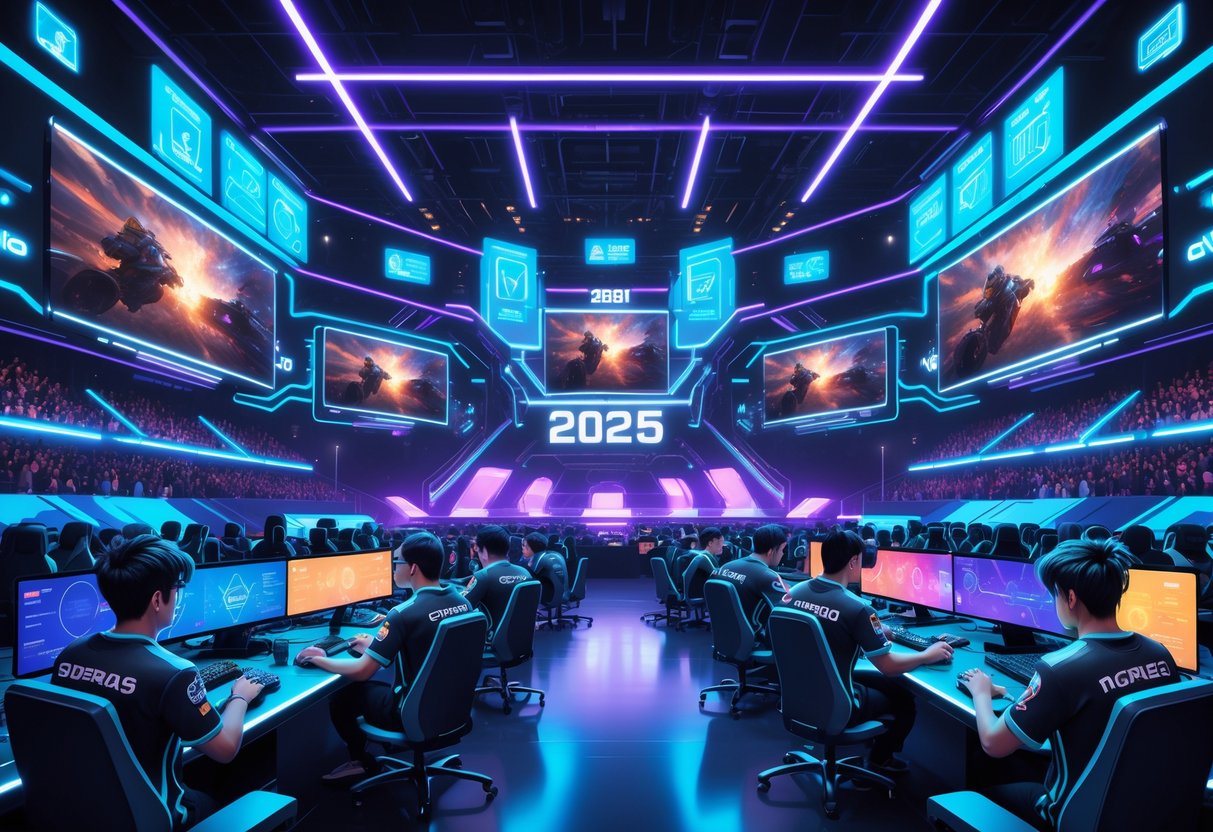 Ilustração de um grande torneio de eSports em 2025 com jogadores competindo em um palco futurista, telas digitais exibindo jogos, e uma plateia animada.