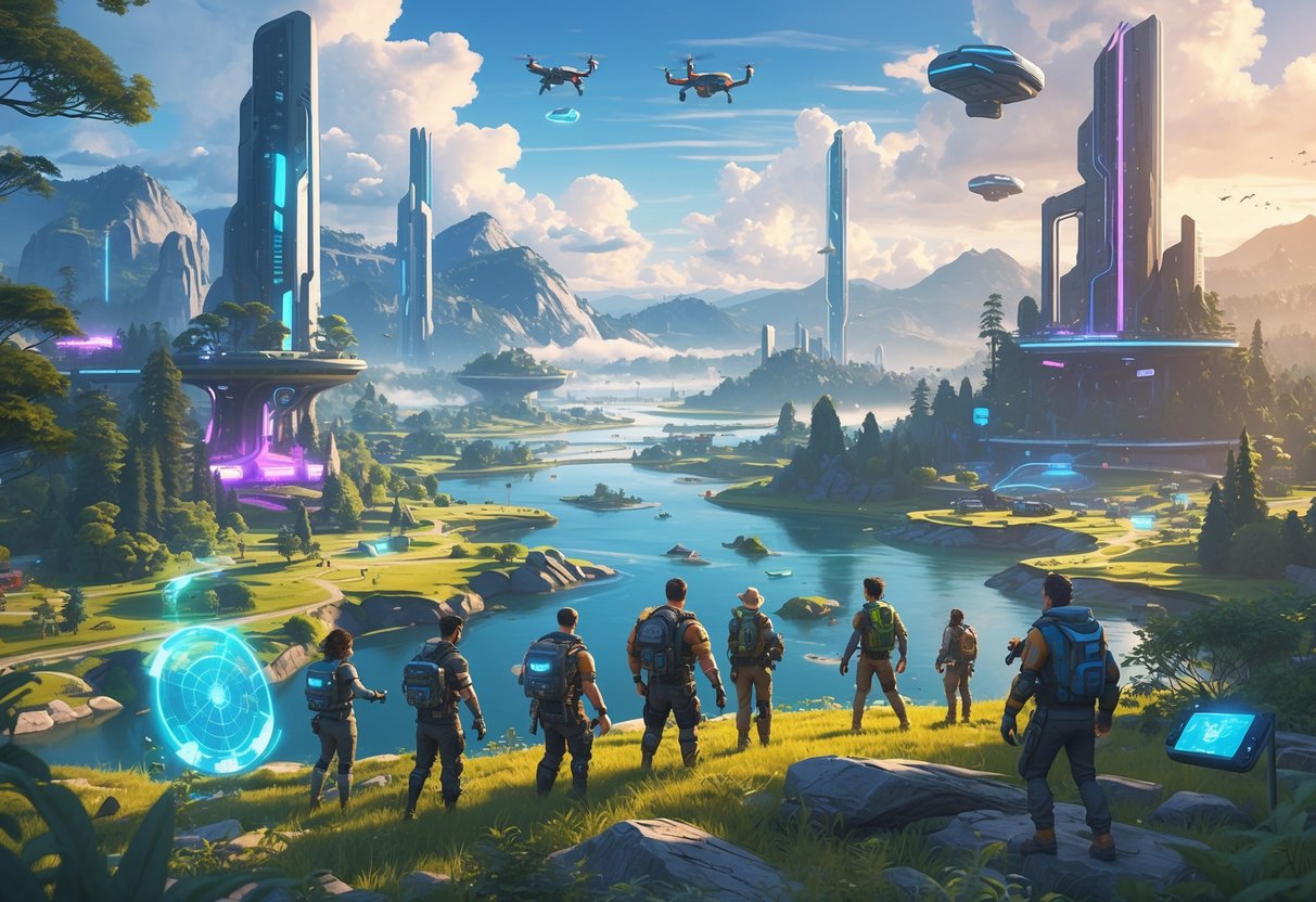 Cena de um vasto mundo aberto futurista com florestas, arranha-céus iluminados por neon, ilhas flutuantes e personagens explorando com equipamentos tecnológicos.