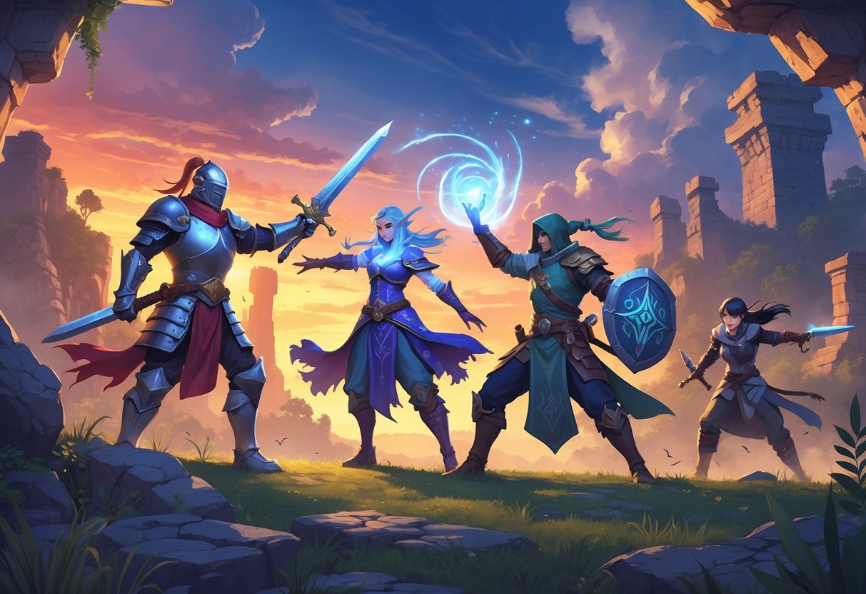 Personagens de jogos de RPG mobile em um cenário de fantasia com castelo, floresta e ruínas ao pôr do sol.