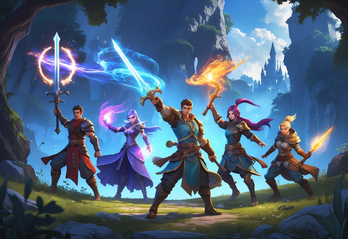Grupo de personagens de jogos de RPG mobile em uma floresta encantada com um castelo ao fundo, mostrando um guerreiro, um mago e um ladino em ação.