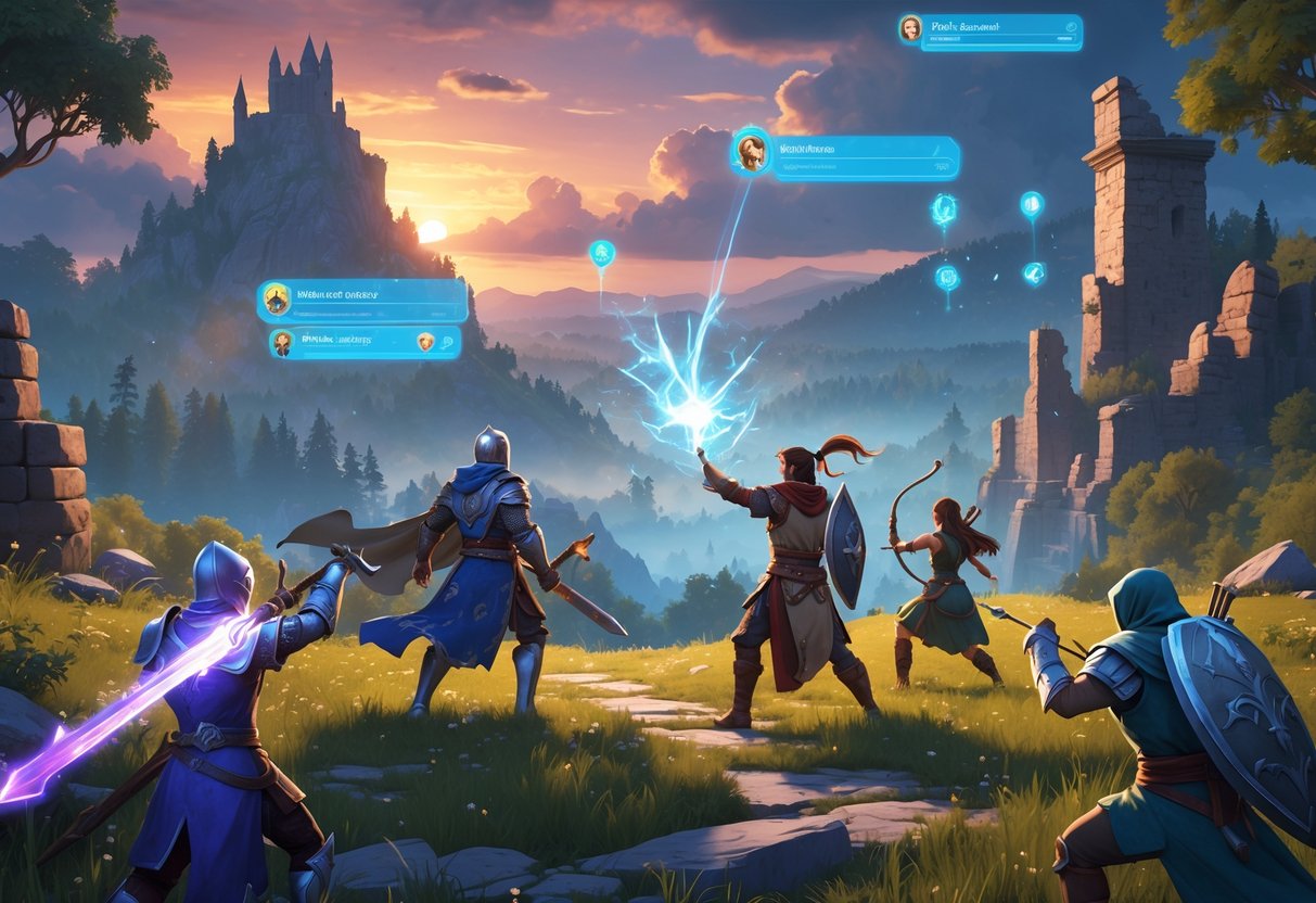 Grupo de heróis em uma paisagem de fantasia, com castelo e floresta ao fundo, prontos para uma aventura épica.