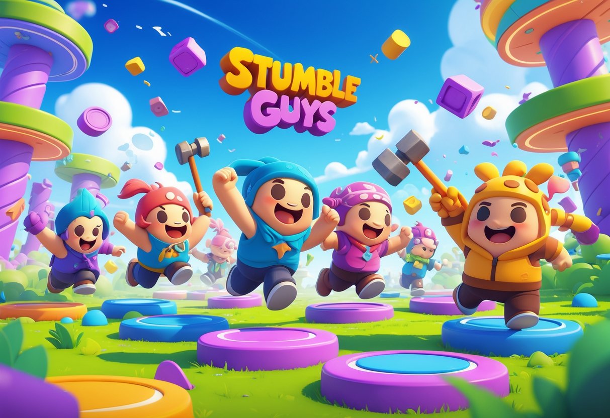 Personagens coloridos correndo e pulando em um percurso de obstáculos alegre e cheio de ação no jogo Stumble Guys.