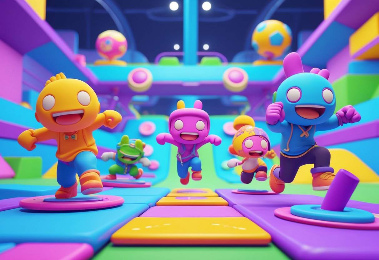 Personagens coloridos e animados competindo em uma pista de obstáculos vibrante e divertida, usando diferentes roupas e acessórios.