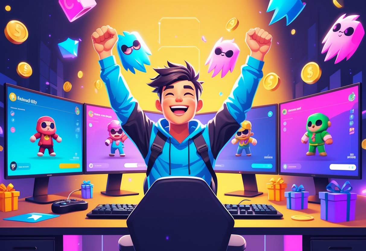 Pessoa jovem usando smartphone e laptop em um quarto de jogos, com a tela mostrando o jogo Stumble Guys e ícones representando recompensas e skins grátis.
