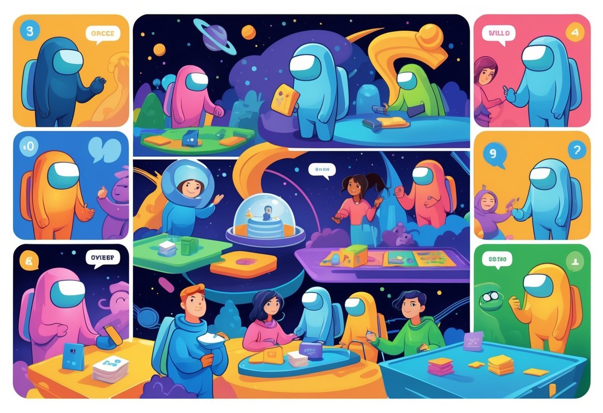 Grupo de amigos jogando juntos em diferentes cenários inspirados em jogos de dedução social com personagens usando trajes espaciais coloridos.