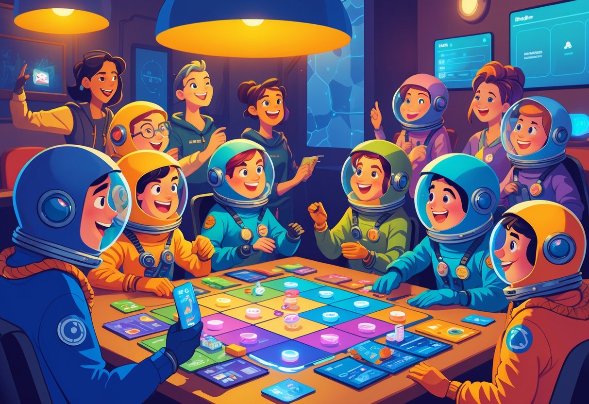 Grupo de amigos jogando juntos em uma sala aconchegante, com personagens usando trajes espaciais coloridos e interagindo animadamente em volta de uma mesa com jogos.