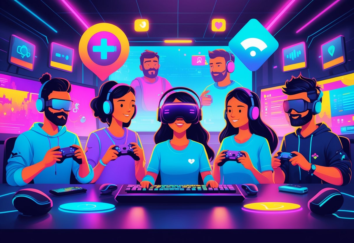 Grupo diversificado de jogadores em uma sala de jogos futurista, interagindo com dispositivos de videogame e rodeados por símbolos relacionados a jogos.