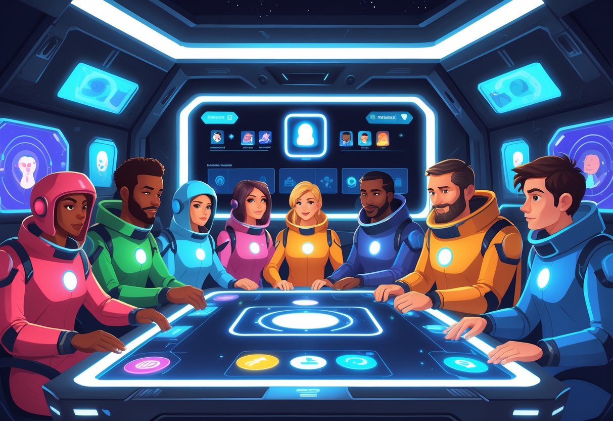 Grupo de amigos jogando juntos um jogo multiplayer de dedução social em um ambiente futurista de nave espacial.