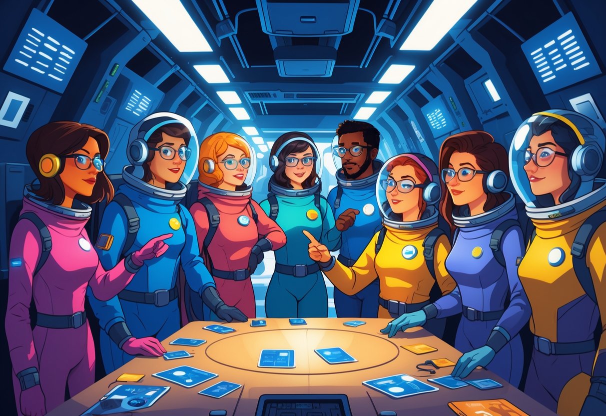 Um grupo de amigos jogando juntos em uma nave espacial futurista, com personagens coloridos usando trajes espaciais e interagindo em um ambiente de mistério e cooperação.