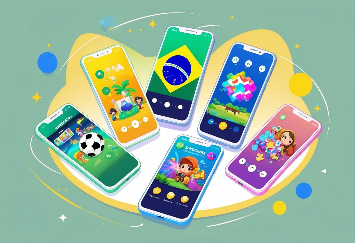 Cinco celulares exibindo cenas de jogos brasileiros populares, incluindo futebol, carnaval, aventura na floresta, quebra-cabeça e fantasia, com cores do Brasil ao fundo.
