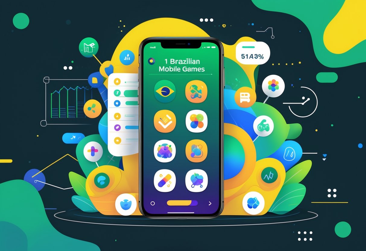 Ilustração de um smartphone exibindo ícones coloridos de jogos móveis brasileiros populares, cercado por gráficos e elementos que representam análise de dados.