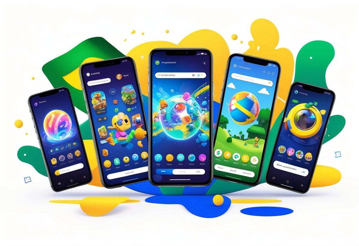 Cinco smartphones exibindo diferentes jogos brasileiros de celular em uma composição colorida com elementos das cores da bandeira do Brasil ao fundo.