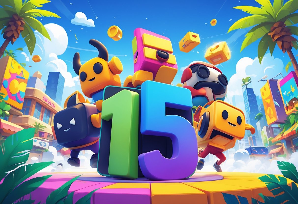 Ilustração panorâmica mostrando cinco elementos representando os jogos brasileiros de celular mais populares, com detalhes que remetem à cultura brasileira ao fundo.