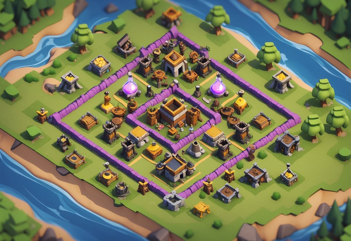 Ilustração de uma vila de Clash of Clans organizada com áreas para defesa, coleta de recursos e treinamento, mostrando estratégias diferentes para modos de jogo.