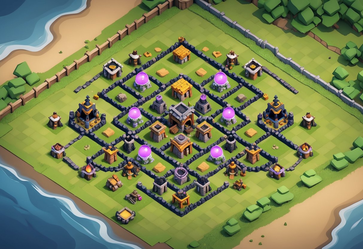 Vista aérea de uma vila organizada e protegida no jogo Clash of Clans, com construções defensivas e recursos bem distribuídos.