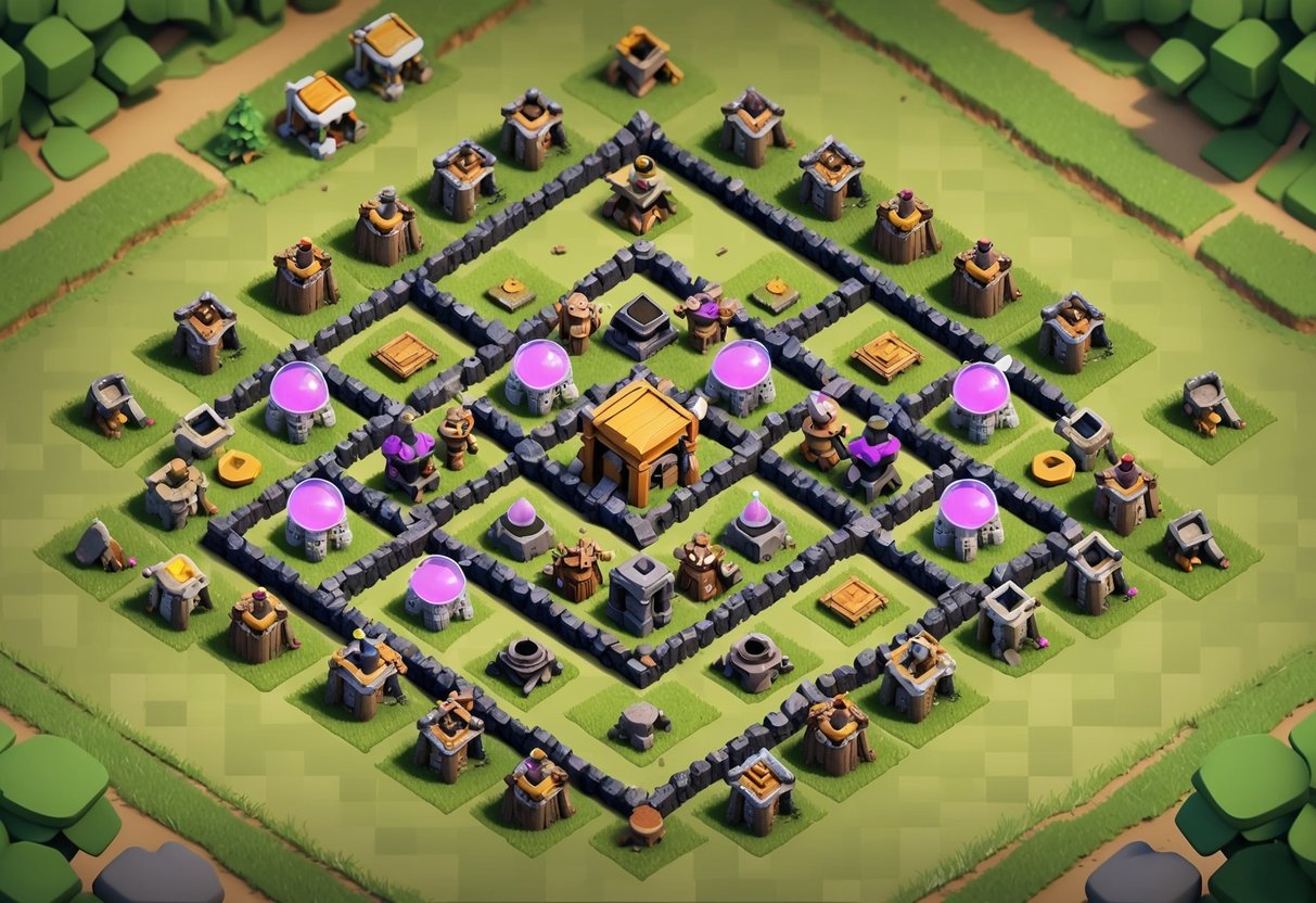 Vista aérea de uma vila organizada em Clash of Clans com construções estratégicas e defesas bem posicionadas.