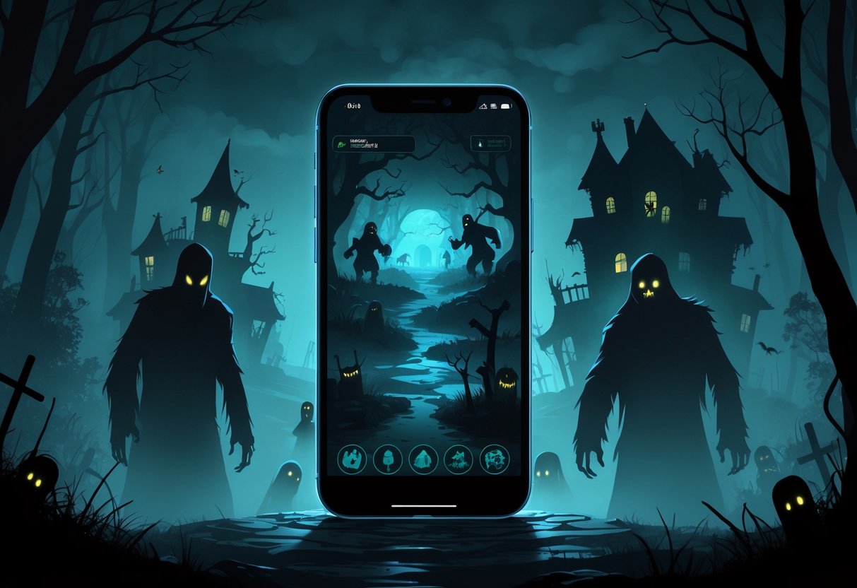 Um smartphone mostrando um jogo de terror com figuras assustadoras e um ambiente sombrio ao redor, incluindo casas mal-assombradas e sombras misteriosas.
