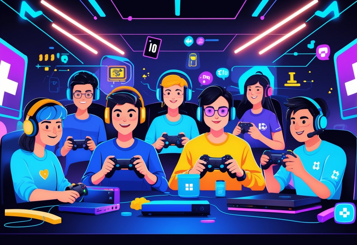 Cena com vários jogadores usando diferentes dispositivos de jogos, interagindo em um ambiente digital vibrante com elementos visuais que representam termos e gírias de jogos.