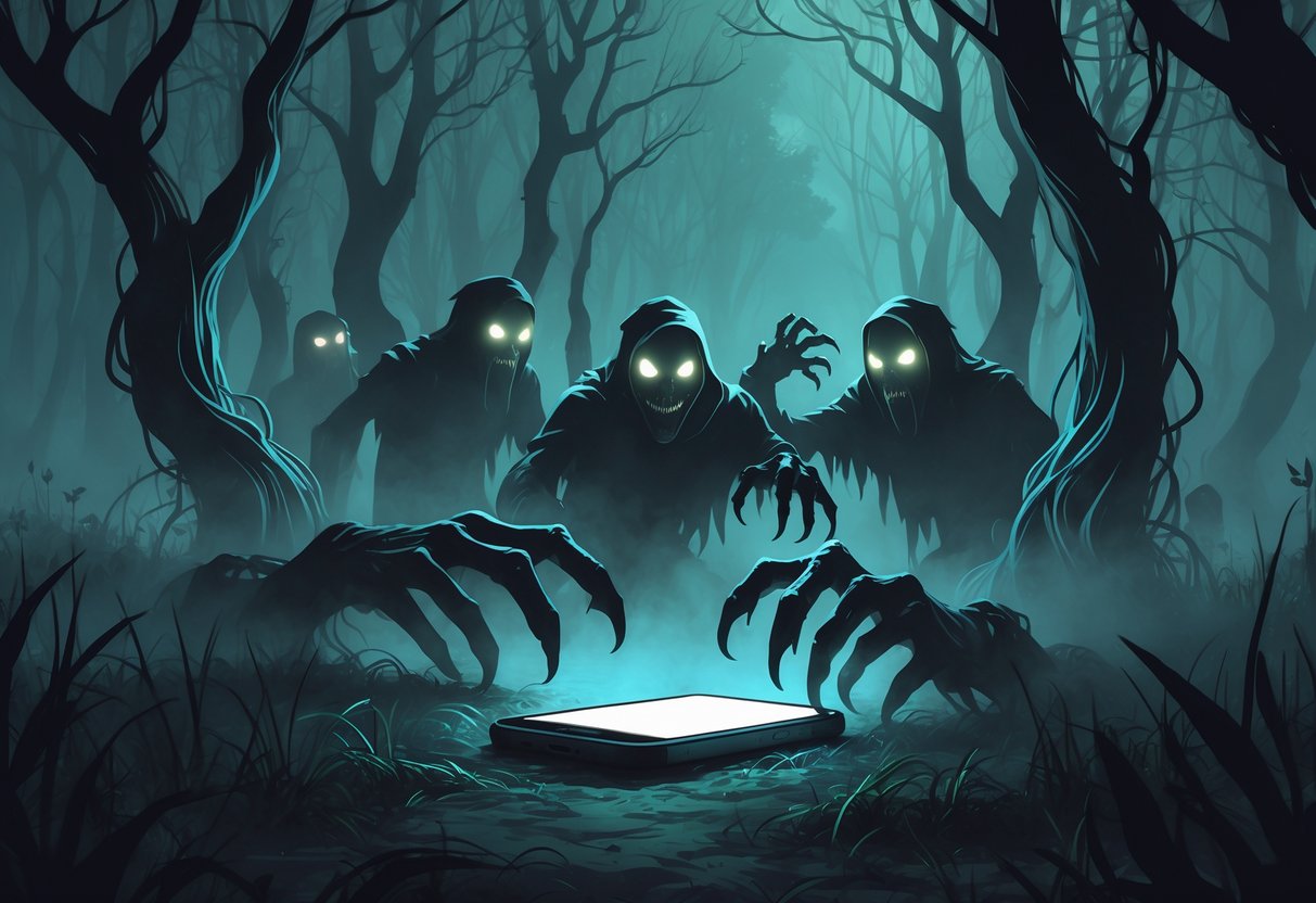 Cena noturna em uma floresta sombria com um celular iluminando figuras assustadoras e sombrias ao seu redor.