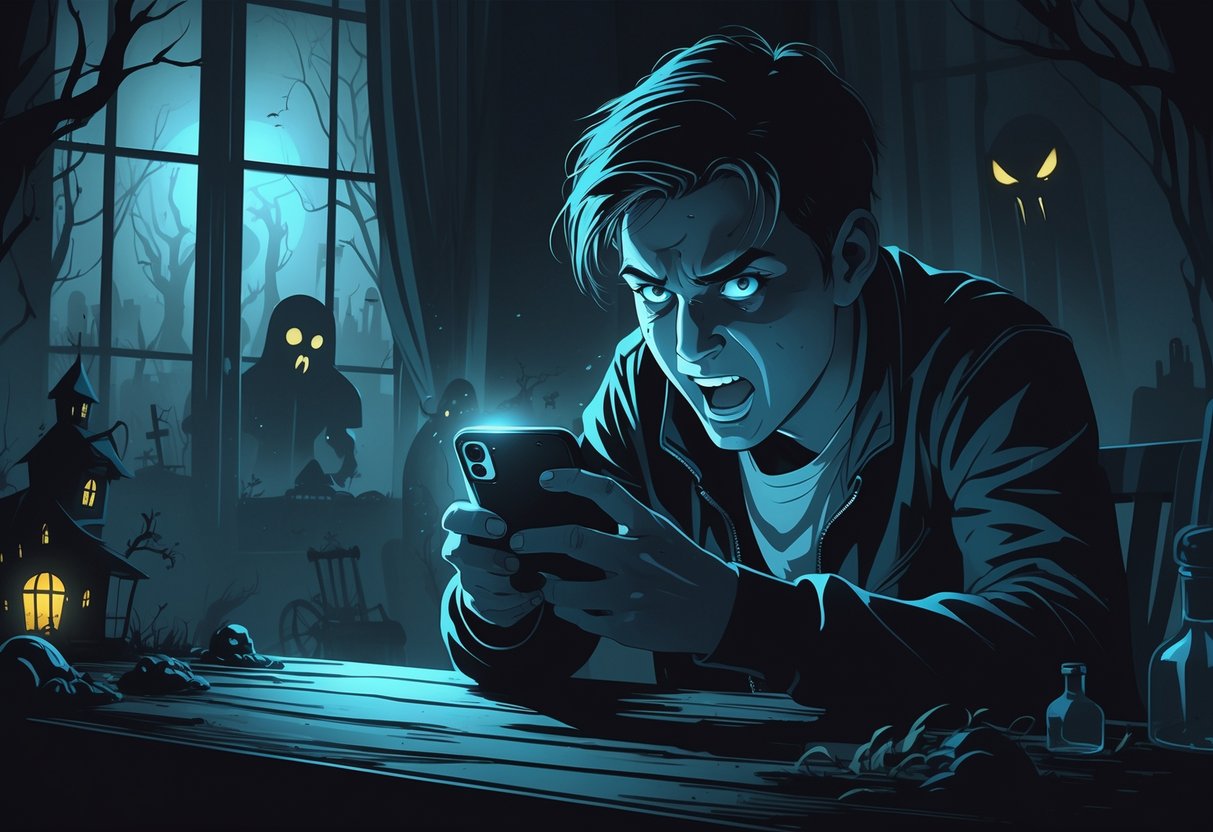 Pessoa jogando um jogo de terror no celular em um ambiente escuro com sombras assustadoras ao fundo.