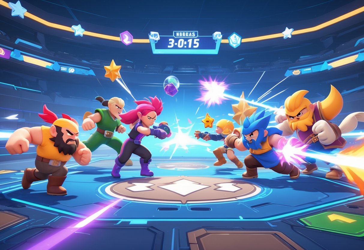 Cena de um jogador concentrado segurando um celular com o jogo Brawl Stars, rodeado por ícones de estratégias e troféus em um ambiente de arena vibrante.
