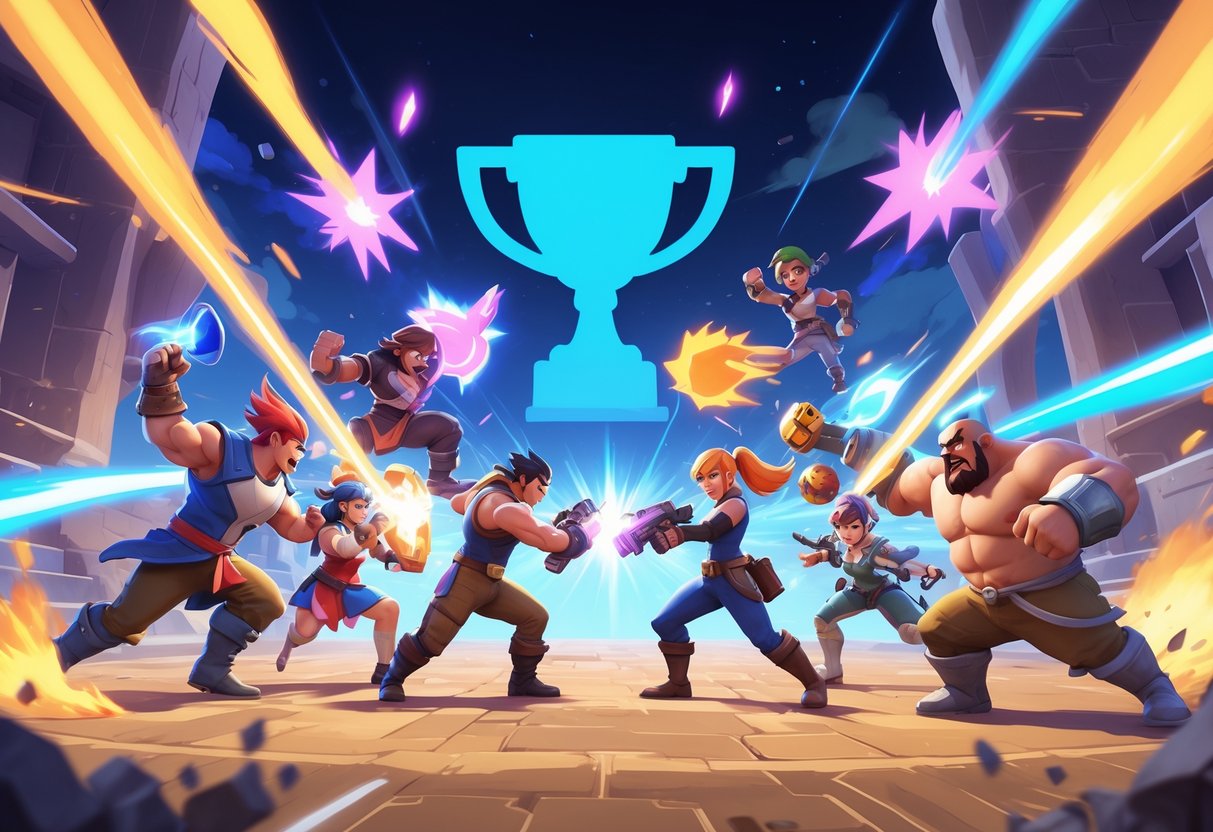 Cena de batalha com personagens do jogo Brawl Stars em ação, mostrando uma arena colorida e elementos que representam progresso e troféus.