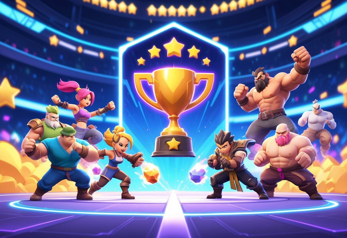 Personagens de Brawl Stars competindo em uma arena colorida com um troféu brilhante e uma barra de progresso ao fundo, mostrando avanço rápido no sistema de troféus.