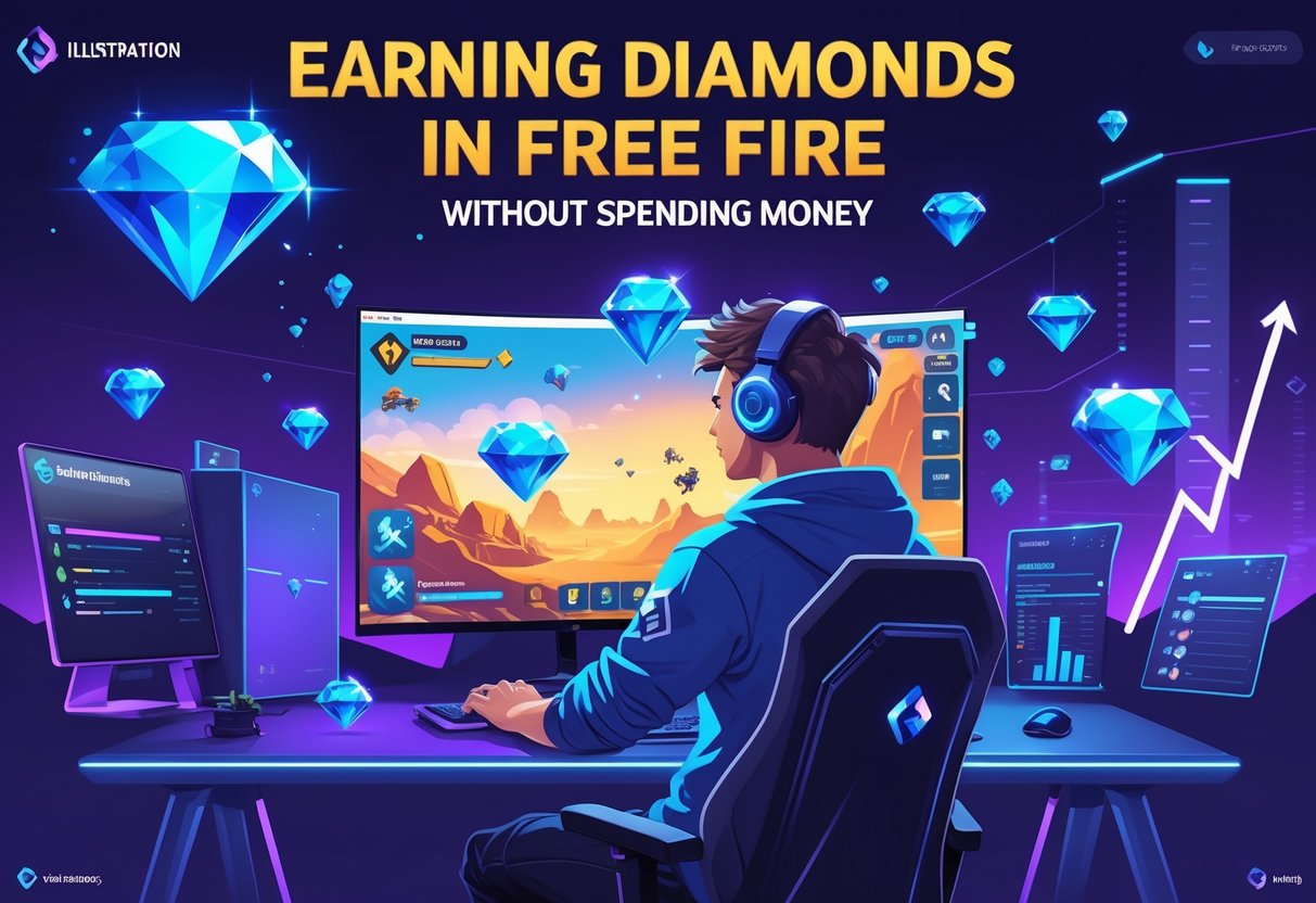 Um jogador concentrado em um setup de jogos moderno, cercado por diamantes brilhantes e ícones de conquistas, representando como ganhar diamantes no Free Fire sem gastar dinheiro.