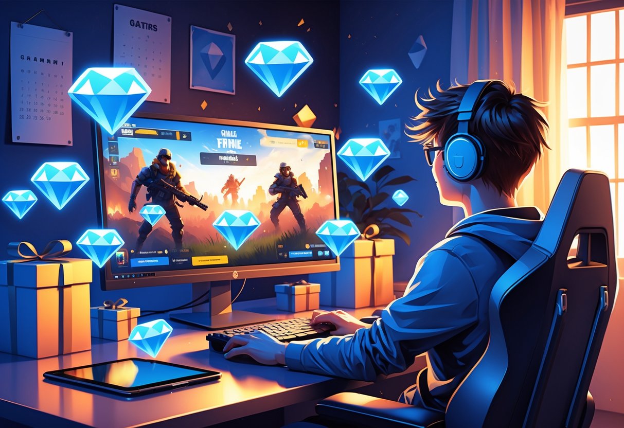 Um jovem gamer em um ambiente moderno de jogos, com ícones de diamantes brilhando ao redor, representando maneiras gratuitas de ganhar diamantes no Free Fire.