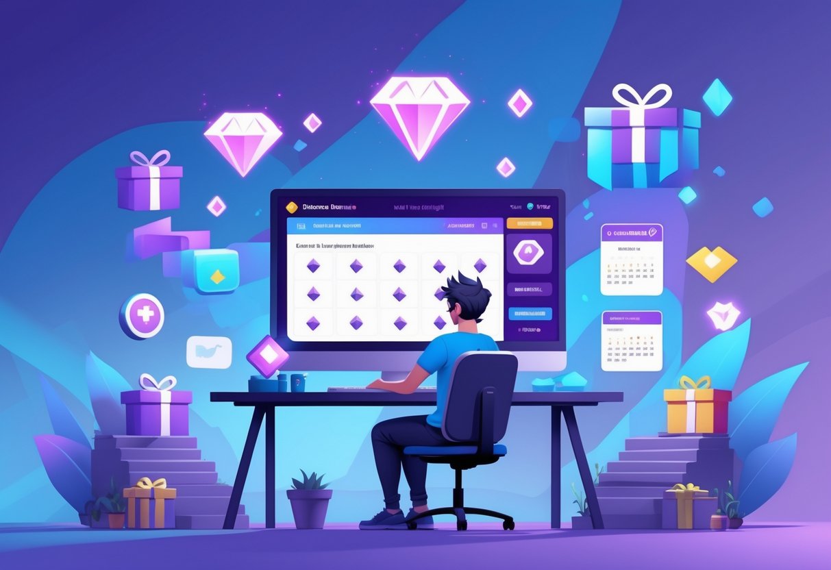 Jogador sentado em uma mesa com um computador mostrando o jogo Free Fire e ícones de diamantes, presentes e medalhas flutuando ao redor, representando formas seguras de ganhar diamantes sem gastar dinheiro.