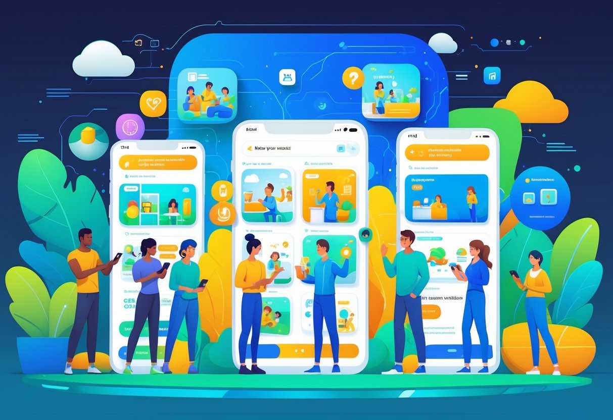 Pessoas jogando em celulares modernos com jogos de simulação de vida, em uma cidade futurista ao fundo.