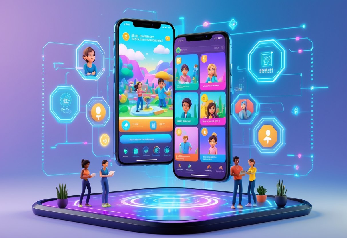 Ilustração de um smartphone exibindo um jogo de simulação de vida com personagens realizando diversas atividades, cercado por ícones tecnológicos e elementos futuristas.