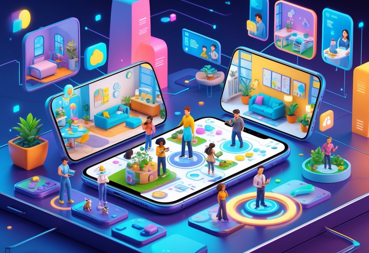 Pessoas usando celulares para jogar jogos de simulação de vida, com cenas de casas virtuais, interações sociais e atividades diárias ao redor.