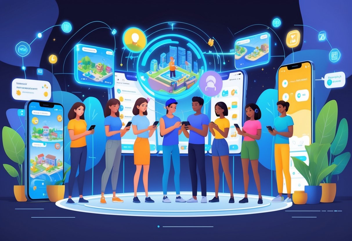 Pessoas diversas usando celulares para jogar jogos de simulação de vida em um ambiente moderno e futurista.